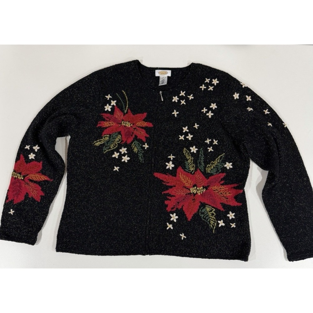 Vtg Talbots XL Silk Blend Poinsettia Christmas Zip Cardigan Sweater EUC 90s
